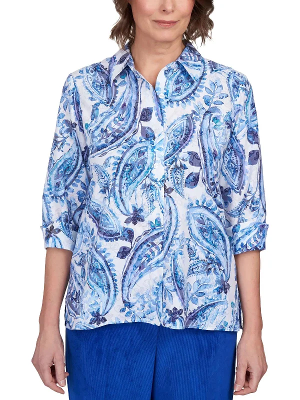 Petites Womens Floral Print Collared Button-Down Top