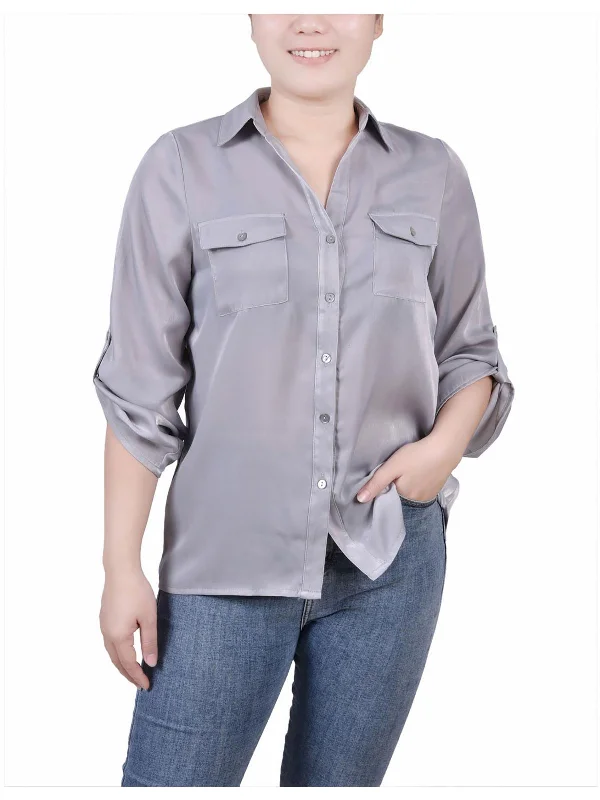 Petites Womens Pocket Collar Button-Down Top