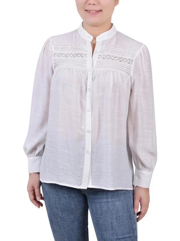 Petites Womens Slub Rayon Button-Down Top