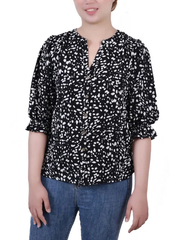 Petites Womens Split Neck Floral Print Button-Down Top