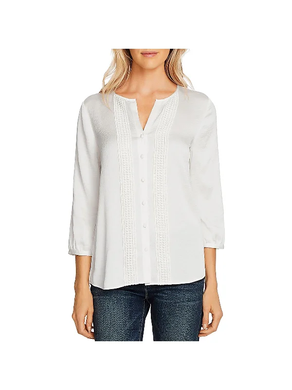 Rumple Womens Hammered Satin Split Neck Button-Down Top