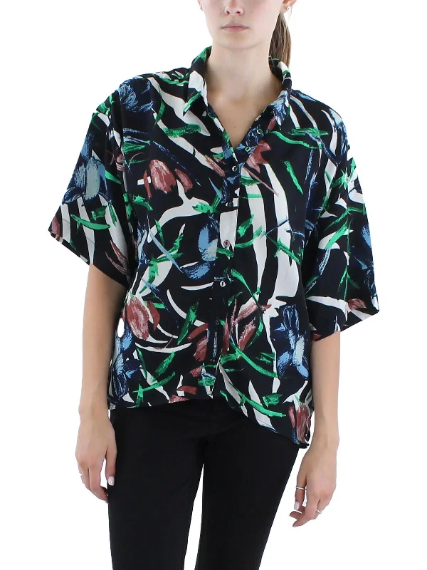 Veronica Womens Printed Polyester Button-Down Top