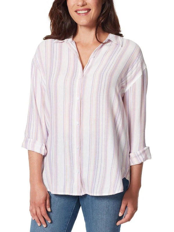 Womens Adjustable Sleeve Striped Button-Down Top