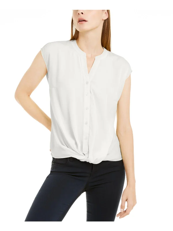 Womens Chiffon Cap Sleeves Button-Down Top