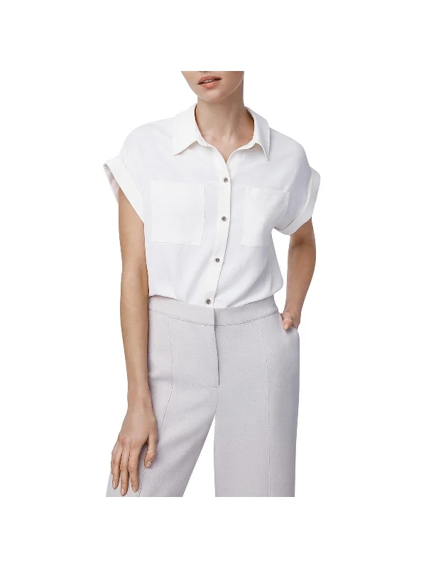 Womens Drop Shoulder Collared Button-Down Top