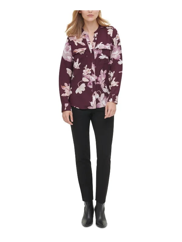 Womens Floral Print Hi-Low Button-Down Top