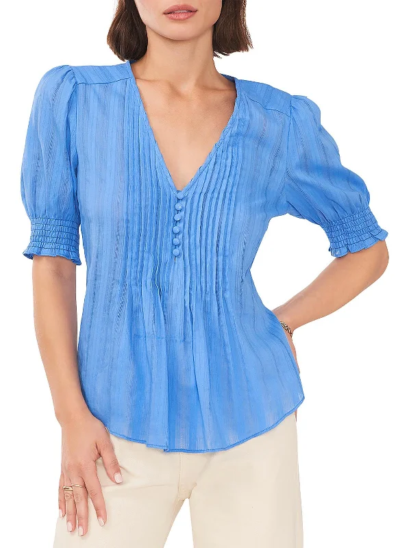 Womens Pleats Bib Front Button-Down Top