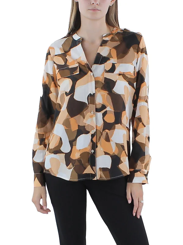 Womens Printed Adjustable Sleeves Button-Down Top