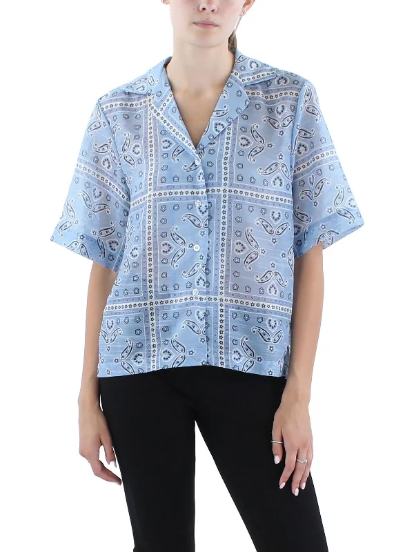 Womens Printed Polyester Button-Down Top