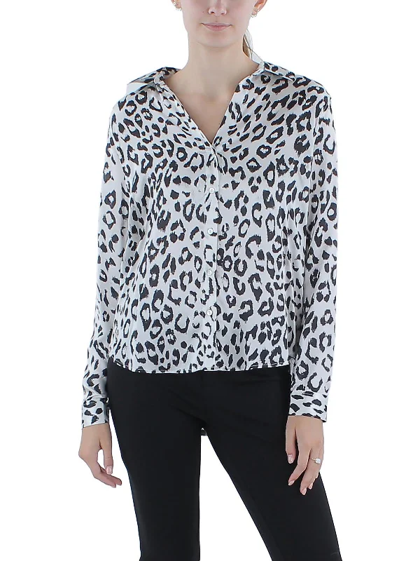 Womens Silk Animal Print Button-Down Top