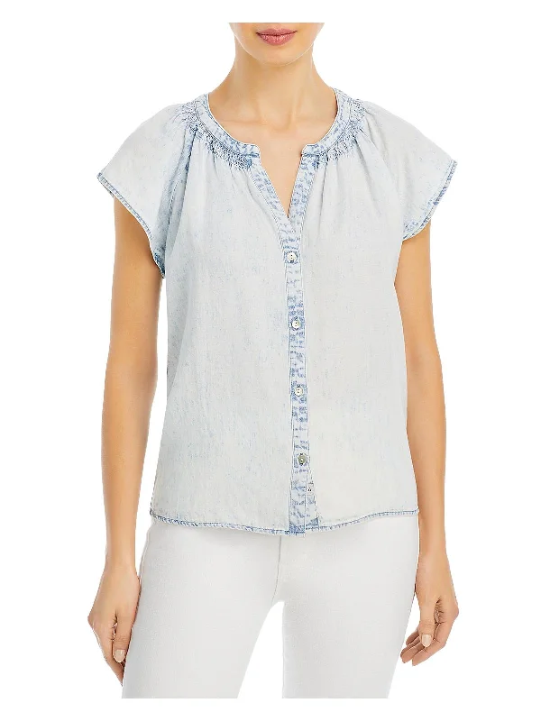 Alena Womens Tencel Acid Wash Button-Down Top