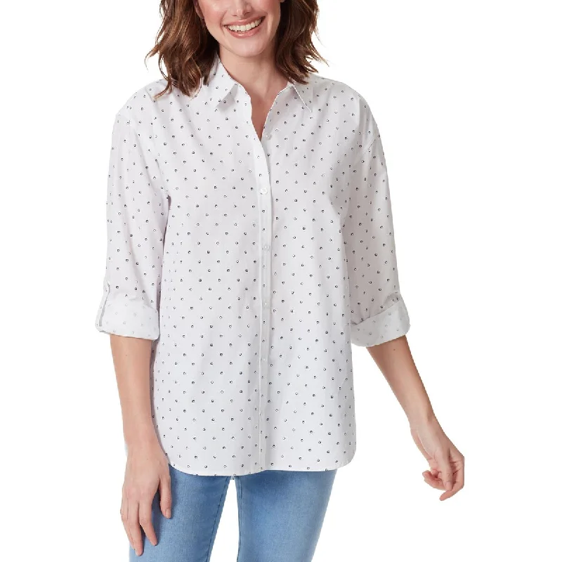 Amanda Womens Polka Dot Relaxed Fit Button-Down Top