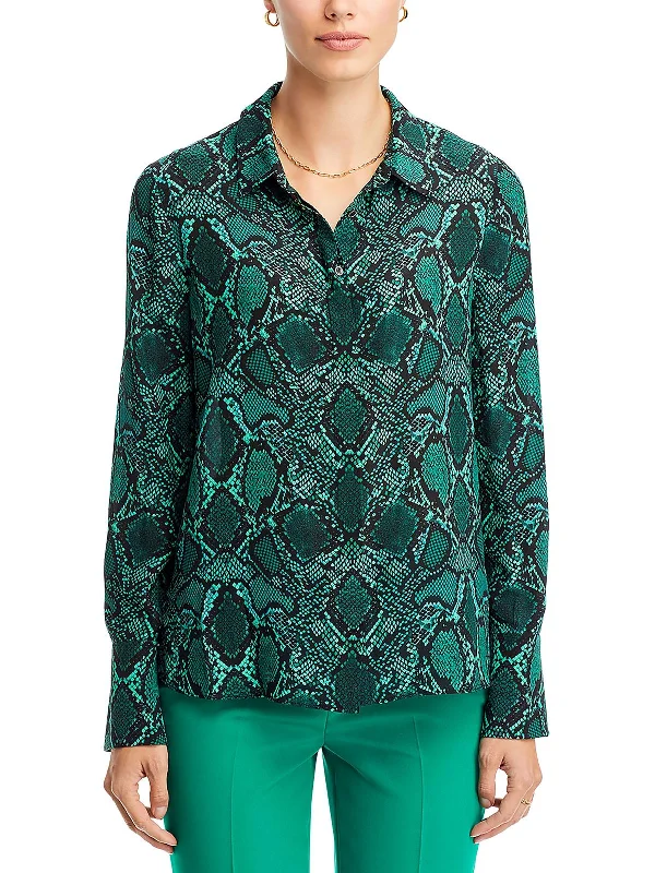 Brandy Womens Snake Print Collared Button-Down Top