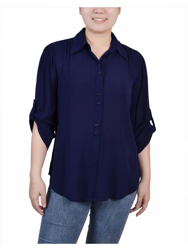 Petites Womens Sheer Solid Button-Down Top