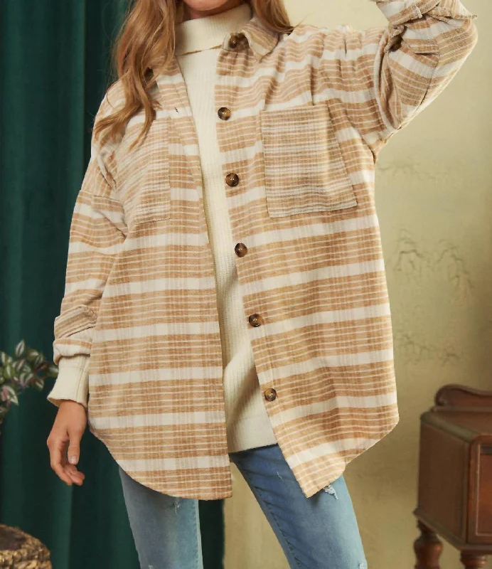 Plaid Button Down Shacket In Taupe