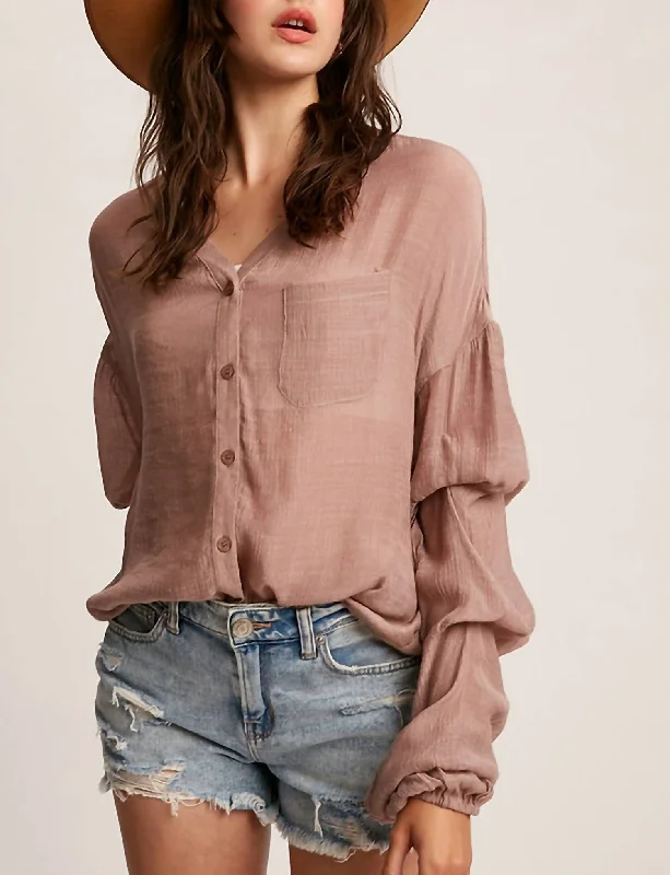 Puff Sleeve Button Down Top In Mauve