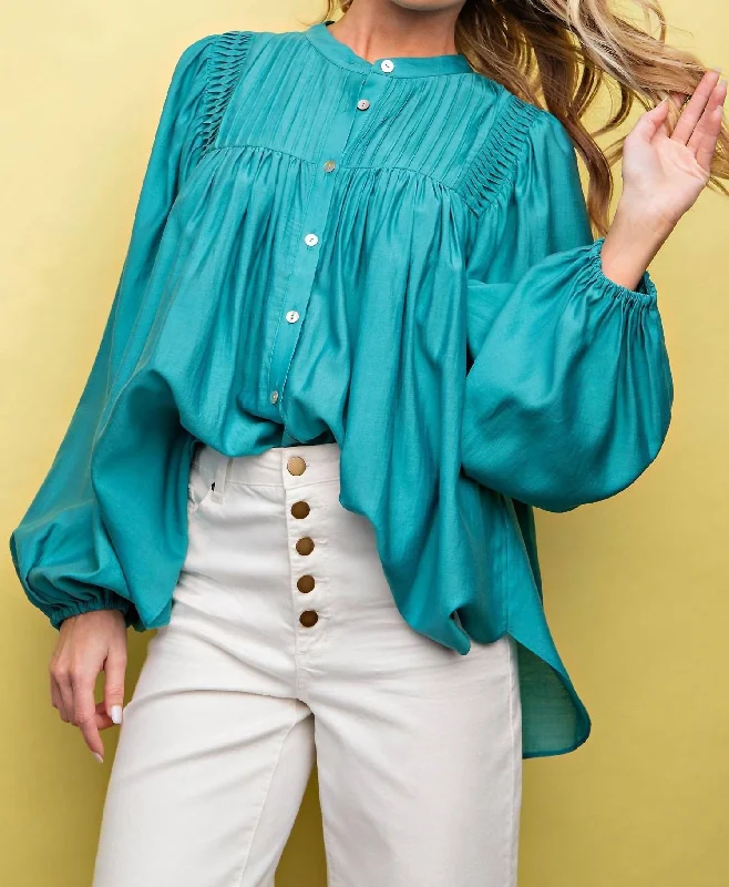 Shiny Crepe Woven Button Down Top - Teal