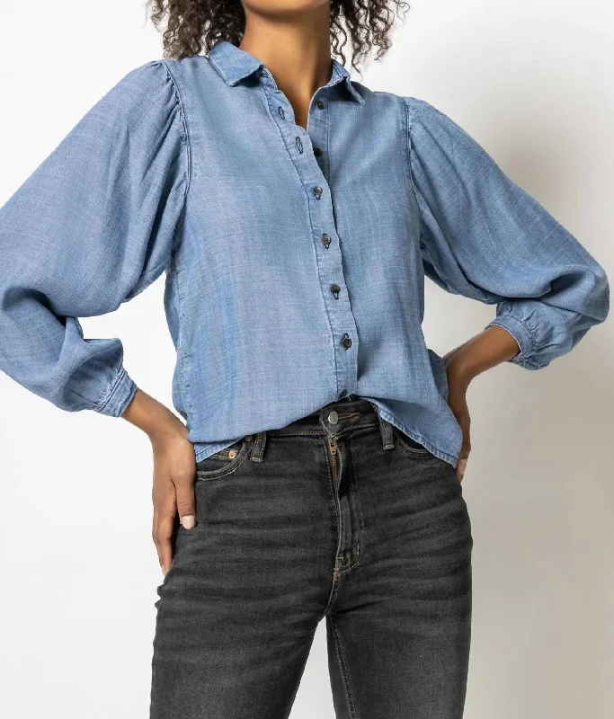 Shirred Sleeve Button Down Top In Washed Chambray