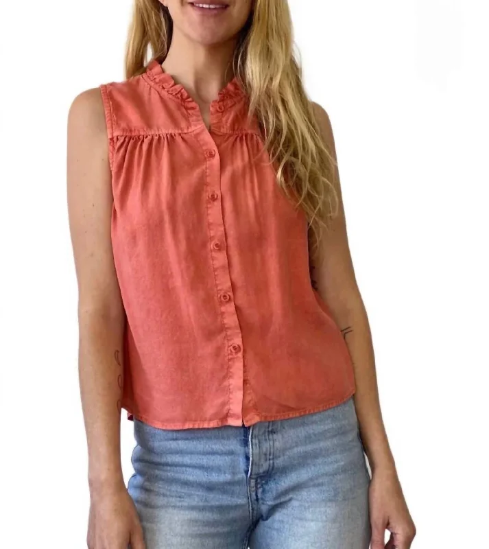 Slvless Ruffle Neck Button Down In Red Clay