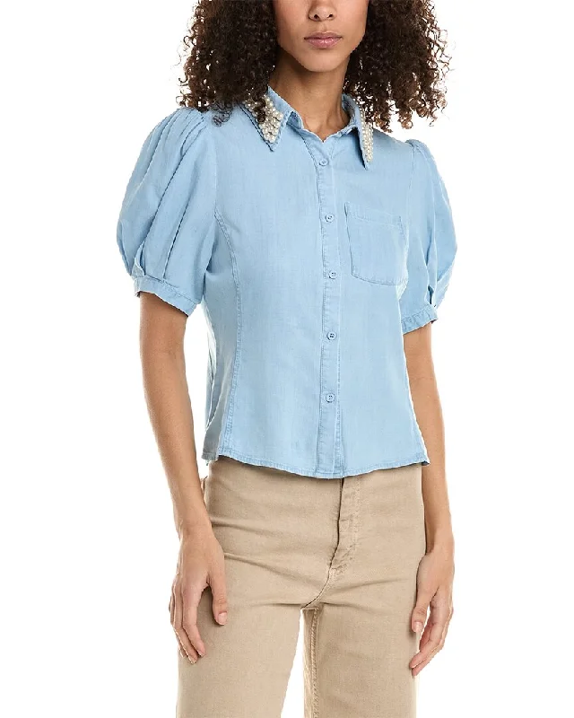 Stellah Pearl Embellished Button-Down Top