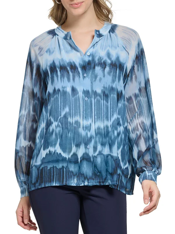 Womens Chiffon Printed Button-Down Top