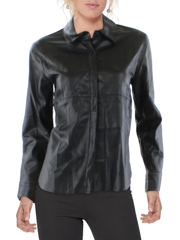 Womens Faux Leather Collar Button-Down Top