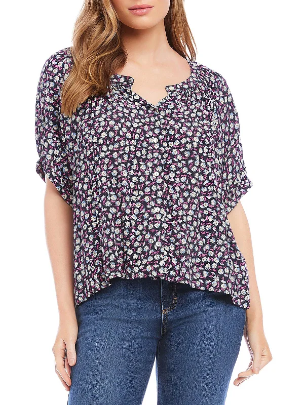 Womens Floral Button-Down Peasant Top