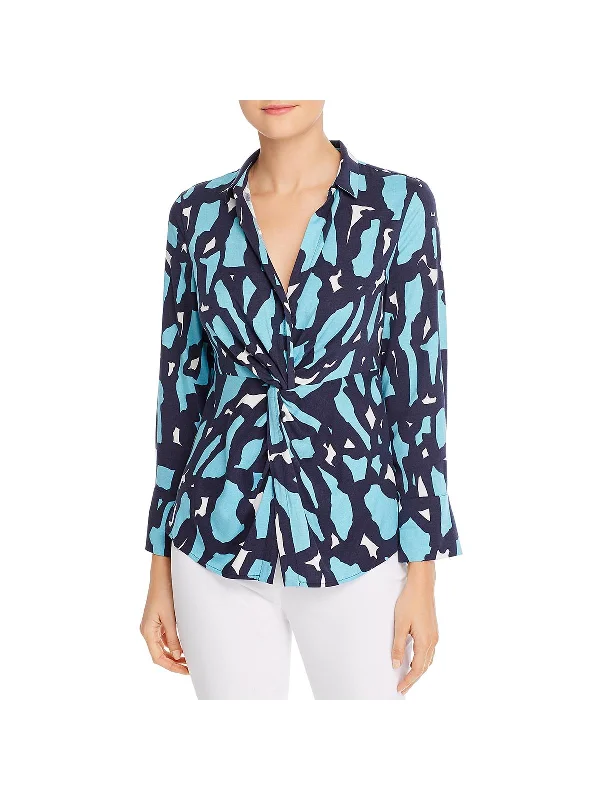 Womens Giraffe Print Twist Front Button-Down Top