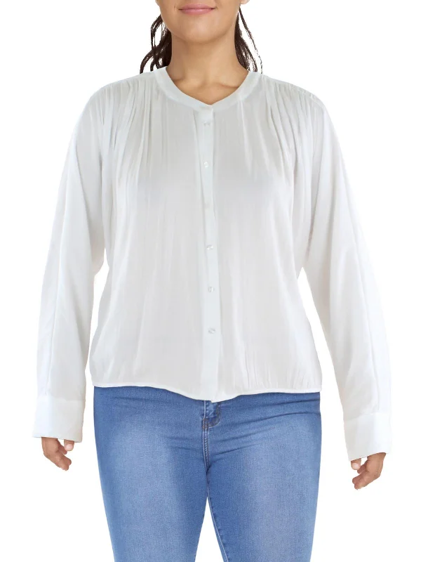 Womens Pleated Banded Neck Button-Down Top