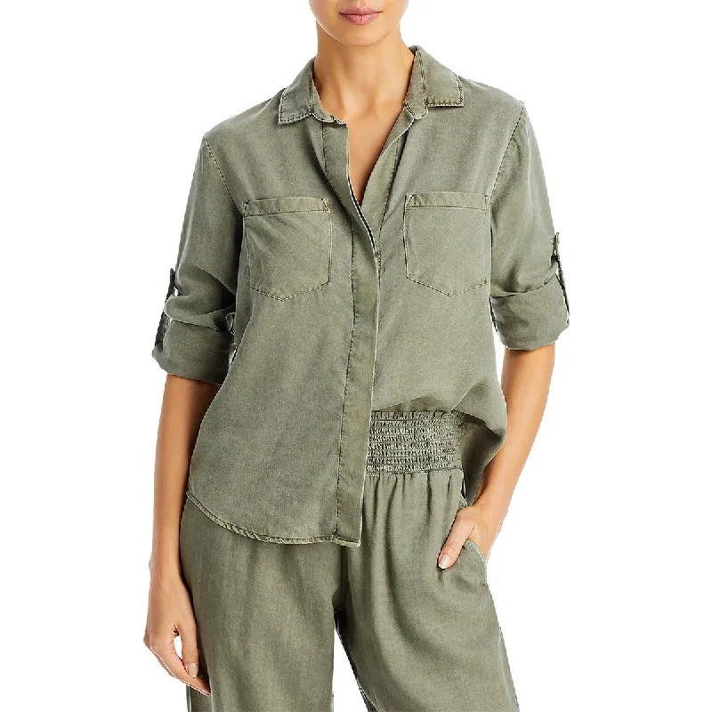 Womens Tencel Hi-Low Button-Down Top