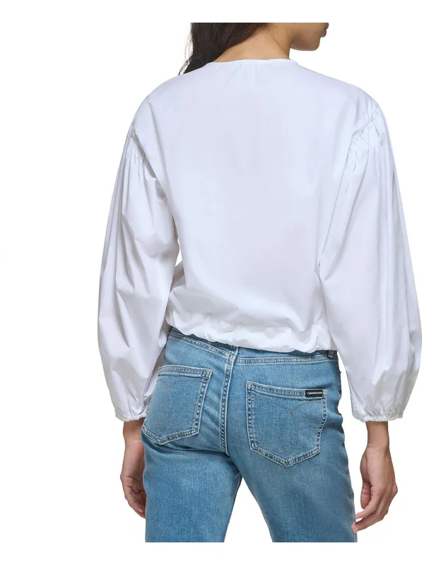 Womens Waist Tie Puff Sleeve Button-Down Top