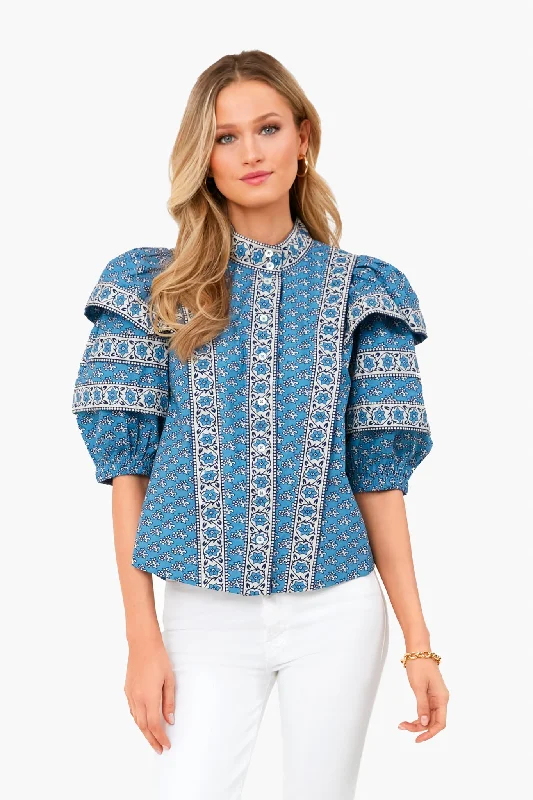 Blue Fernanda Tile Print Puff Sleeve Button Down Top