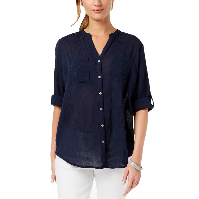 Charter Club Women's Roll Tab Button Down Top Intrepid Blue Size Extra Large - X-Large