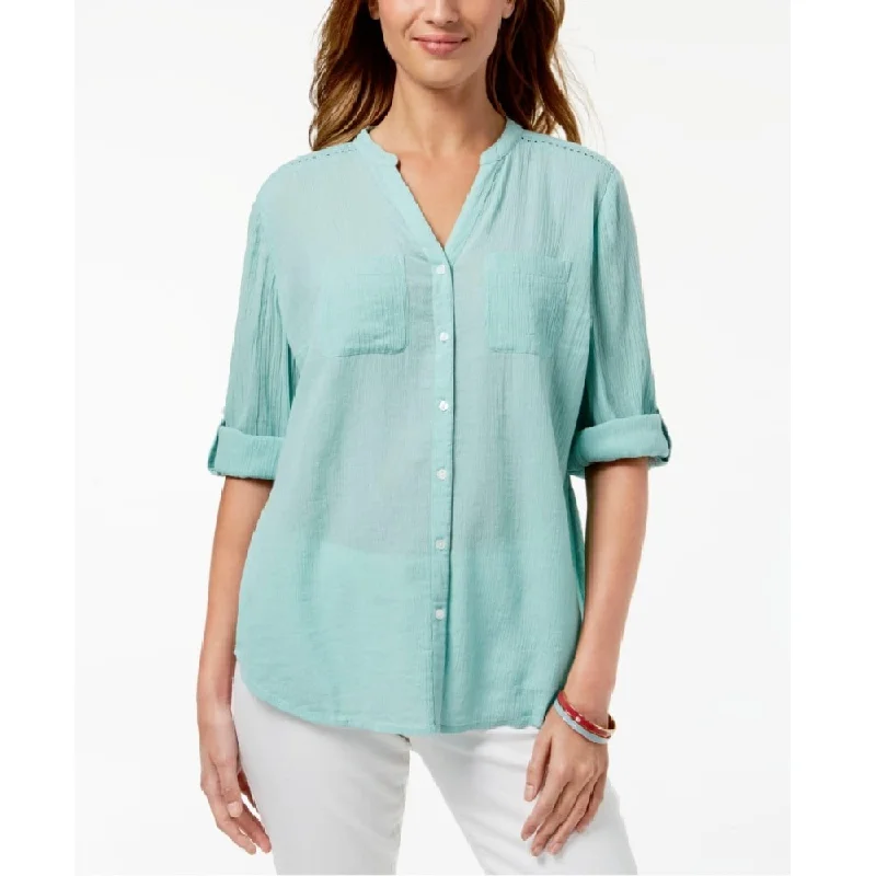 Charter Club Women's Roll Tab Button Down Top Tulum Blue Size Medium