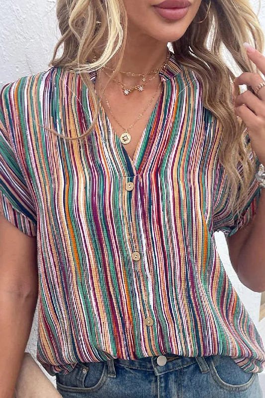 COLORFUL STRIPED BUTTON-UP SLEEVED BLOUSE_CWTSTS0413