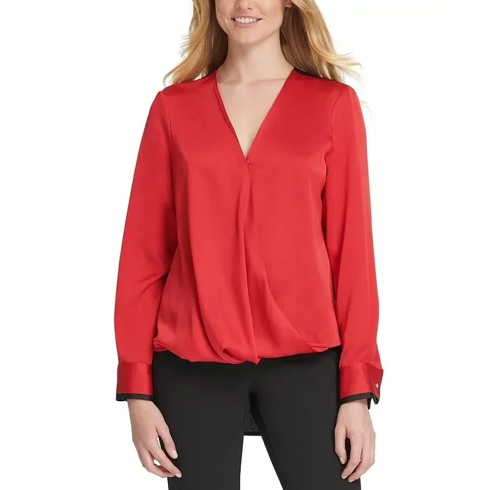 DKNY Women's Hammered Satin Twist Front Blouse Medium Red Size Medium