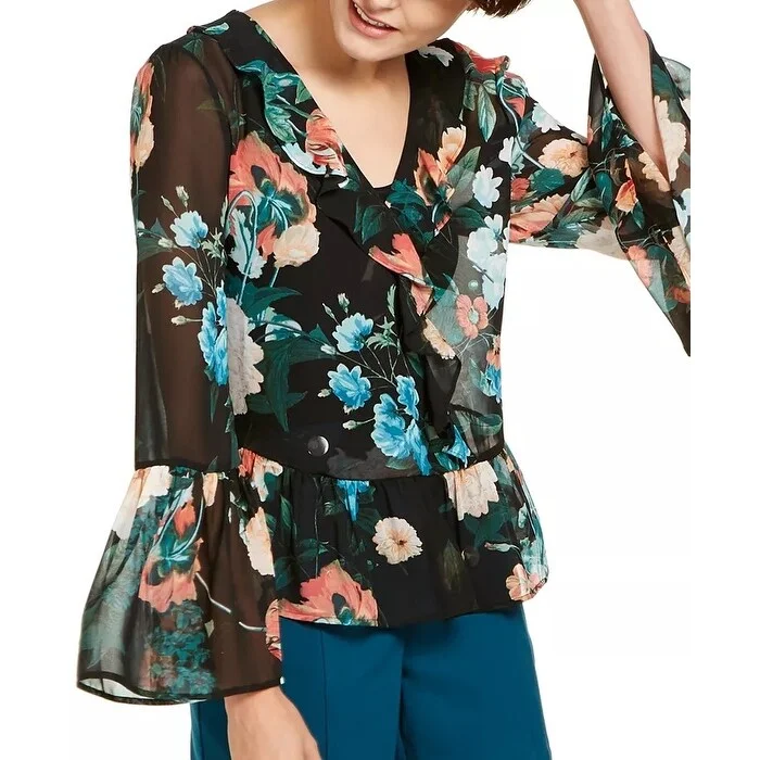 Inc International Concepts Women's Floral Ruffled Blouse Black Size XL - X-Large