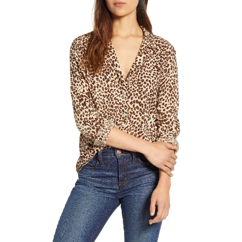 Lucky Brand Women's Animal Print Office Button Down Top Brown Size X-Small