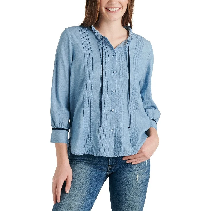 Lucky Brand Women's Quinn Pintuck Cotton Chambray Blouse Blue Size Medium