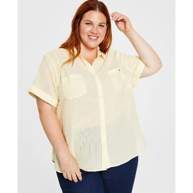 Tommy Hilfiger Women's Dobby Cotton Striped Button Down Top Yellow Size 3 X - 3 X