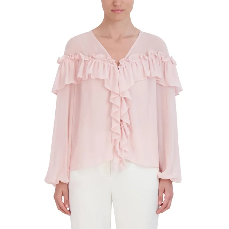 Womens Ruffled Sheer Button-Down Top