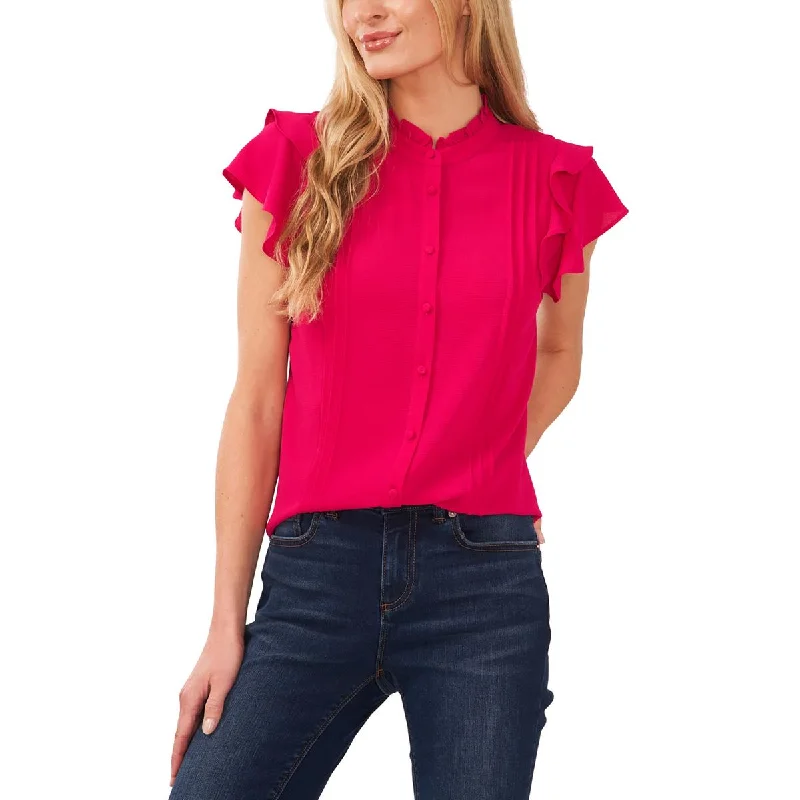 Womens Ruffled Side Slit Button-Down Top