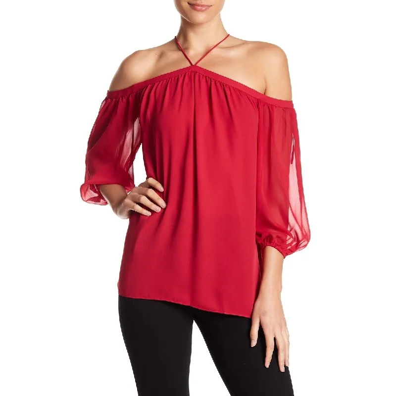 1.STATE Women's Off The Shoulder Sheer Chiffon Blouse Red Size XXS - XX-Small