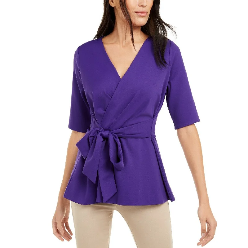 Alfani Women's Faux-Wrap Tie-Front Peplum Blouse Blue Size Medium