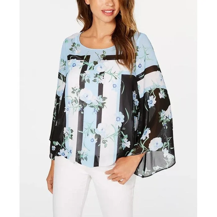 Alfani Women's Printed Angel Sleeve Blouse Navy Size Petite Medium - Petite Medium