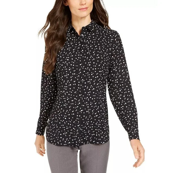 Anne Klein Women's Dot Print Button Up Blouse Black Size 4