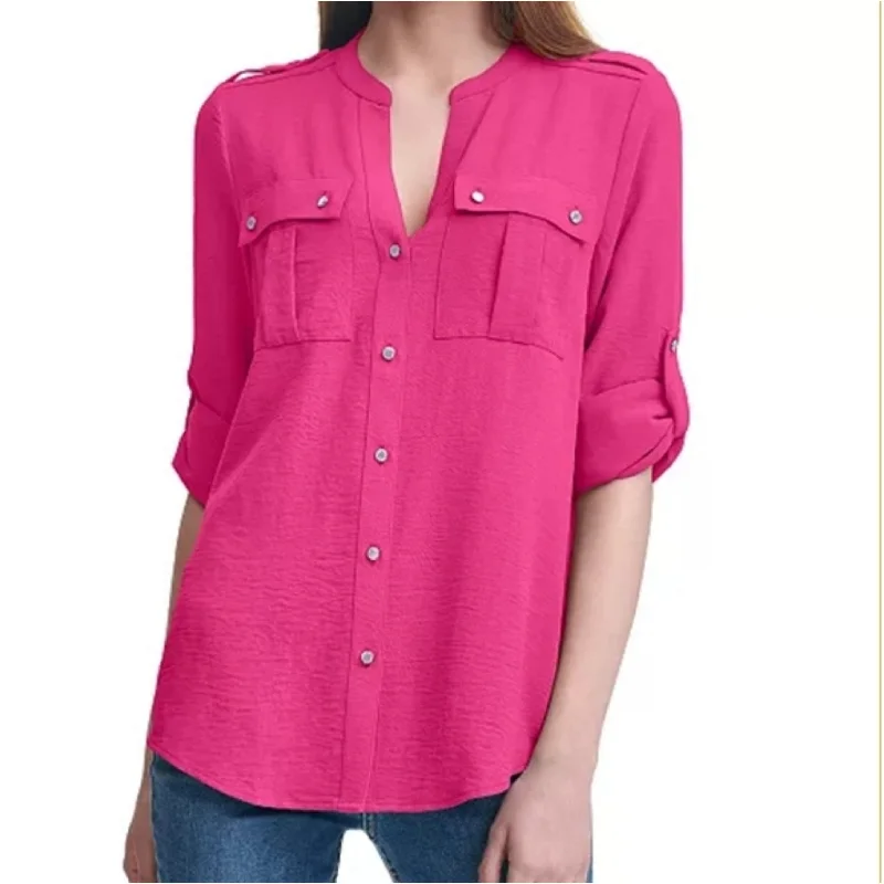 Calvin Klein Women's Textured Roll-Tab Blouse Brght Pink Size Extra Large - XL