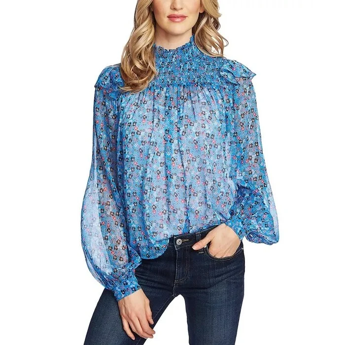 CeCe Women's Plumeria In Bloom Smocked Yoke Blouse Blue Size X-Large