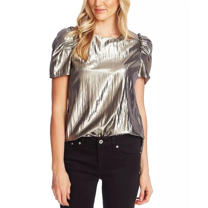 CeCe Women's Puff Sleeve Gold Lame Blouse Metallic Gray Size Large