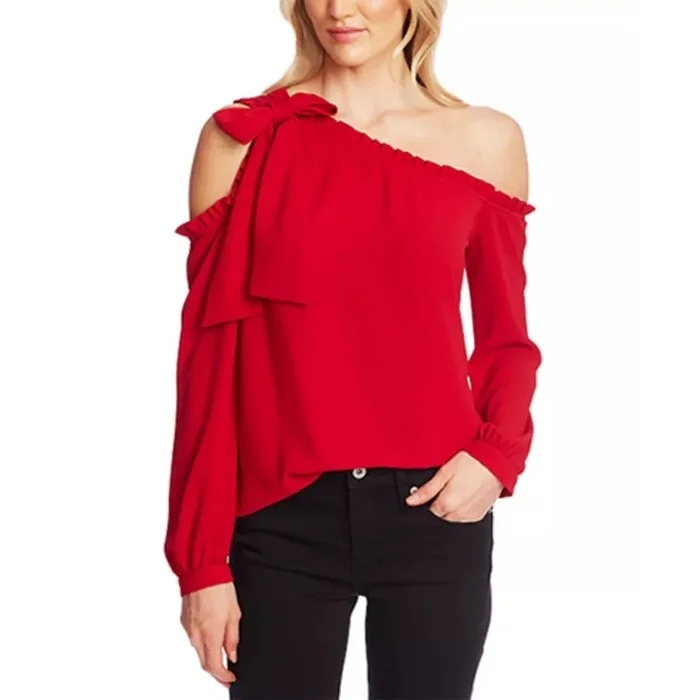 CeCe Women's Ruffled One-Shoulder Bow Blouse Red Size Extra Small - X-Small